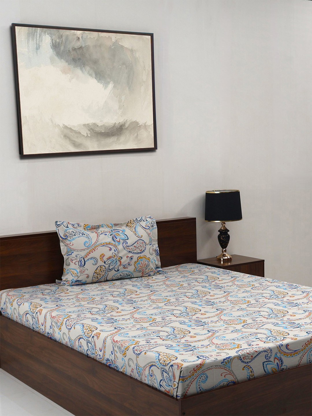

BOMBAY DYEING Turquoise Blue Floral Cotton 140 TC Single Bedsheet Set-1.50 m X 2.28 m
