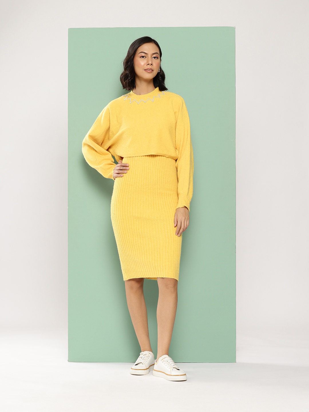 

BROOWL Woollen Bodycon Dress With Top, Yellow