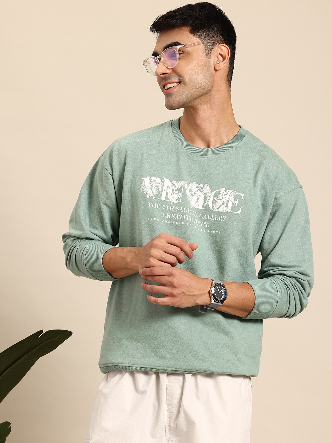 

Mast & Harbour Typography Printed Sweatshirt with Insert Pockets, Sea green