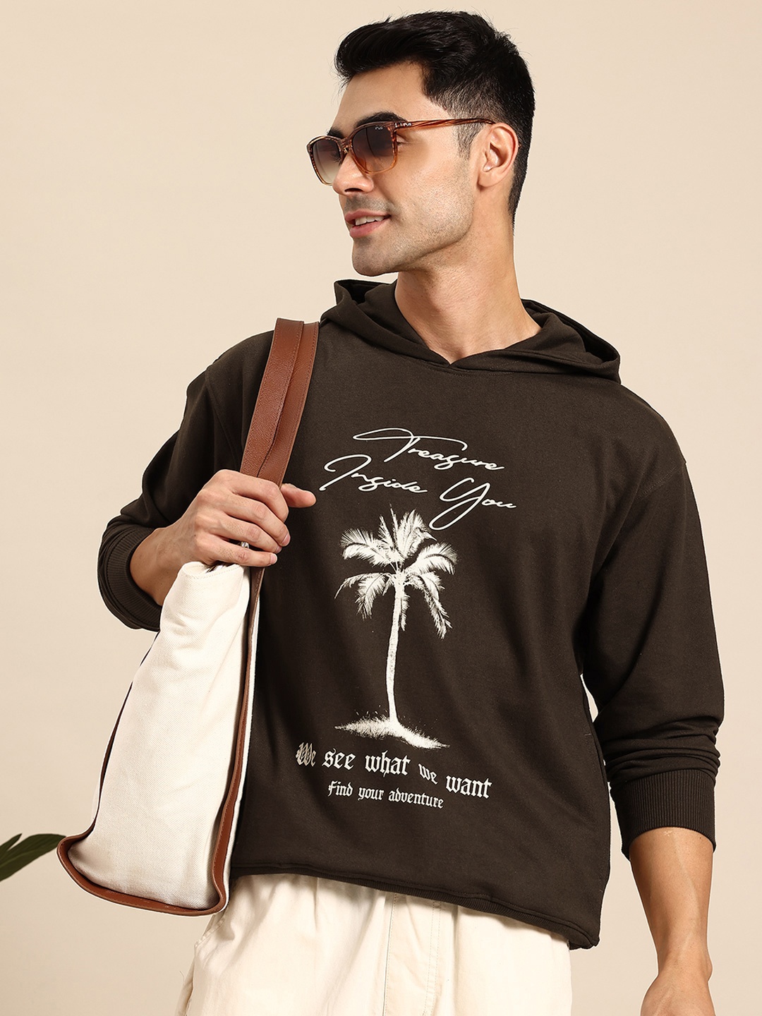 

Mast & Harbour Printed Hooded Sweatshirt with Insert Pockets, Brown