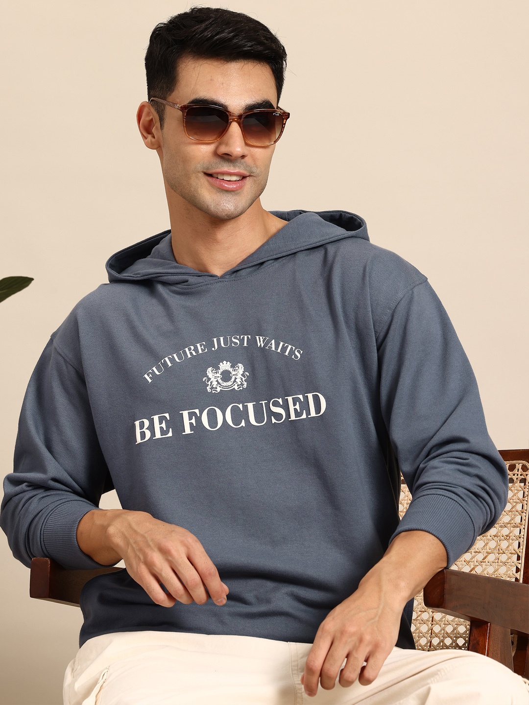 

Mast & Harbour Typography Printed Hooded Sweatshirt with Insert Pockets, Blue