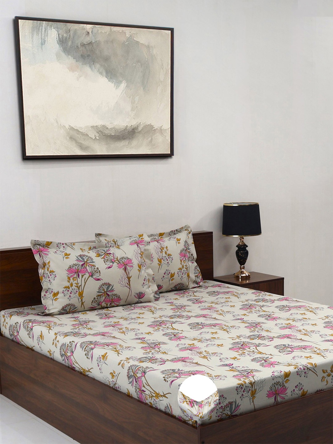 

BOMBAY DYEING Pink Floral Cotton 140 TC Fitted Queen Bedsheet Set-1.52 m X 1.98 m X 30 cm