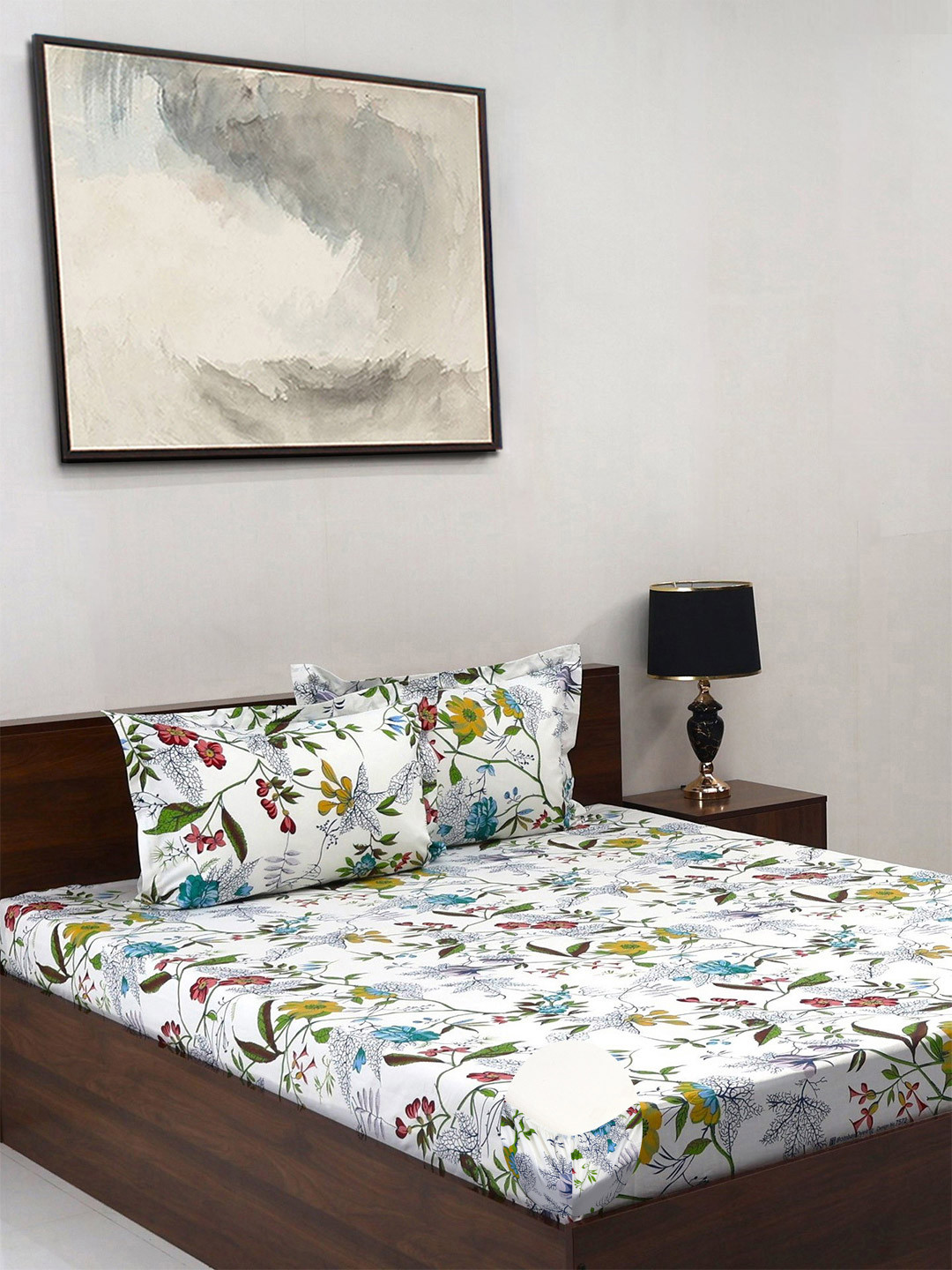 

BOMBAY DYEING Green Floral Cotton 140 TC Fitted Double Bedsheet Set-1.52cmX1.98 cmX 30 cm
