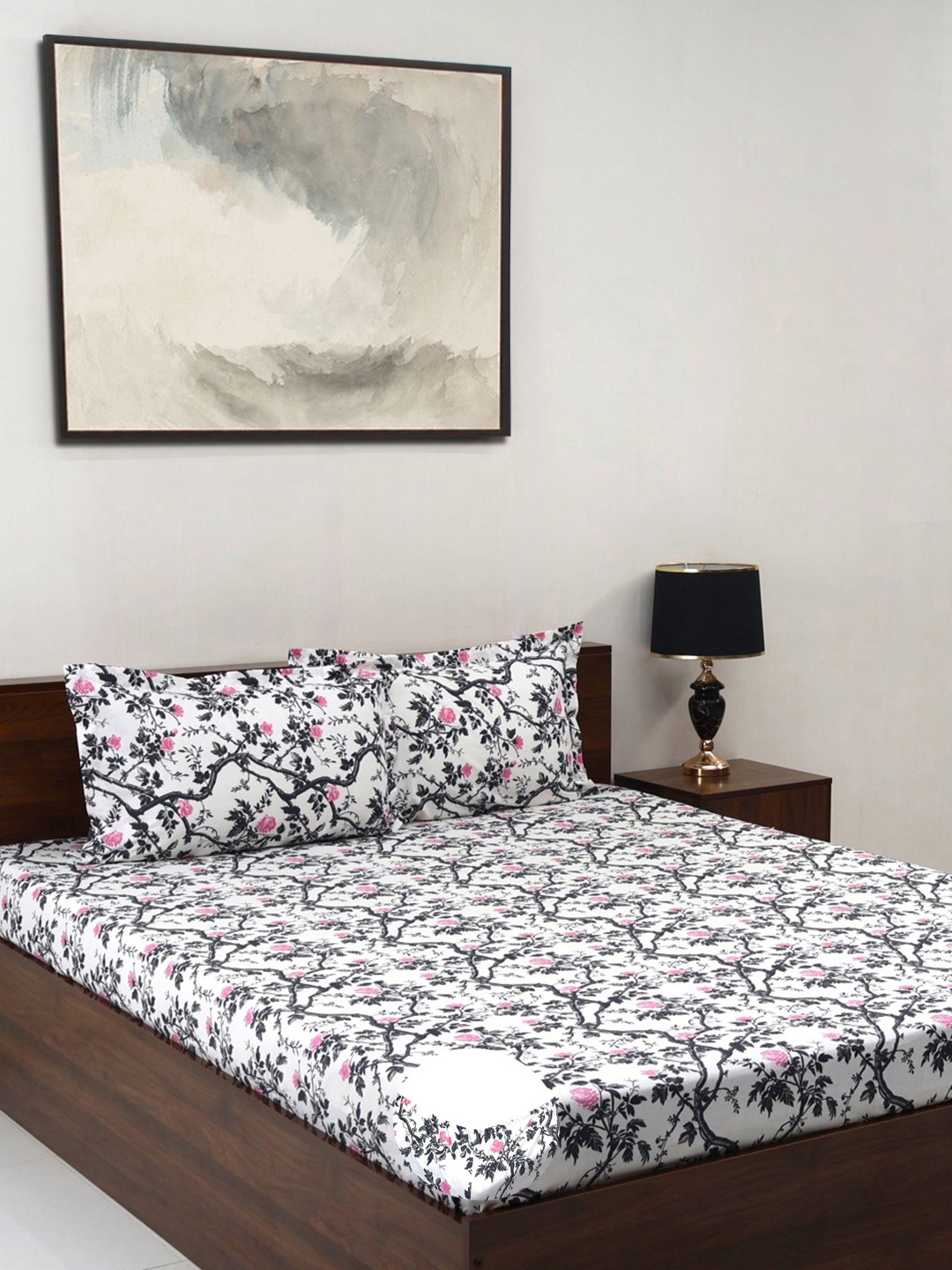 

BOMBAY DYEING Allure Grey Floral Cotton 144 TC Fitted Bedsheet Set-1.52 mX1.98 mX30 cm