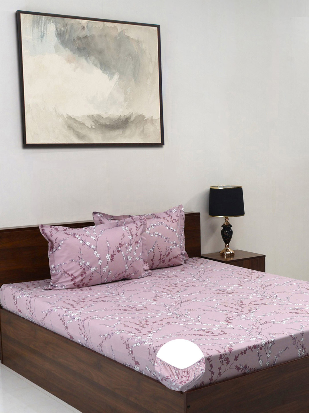 

BOMBAY DYEING Violet Floral Cotton 140 TC Fitted Queen Bedsheet Set-1.52 mX 1.98 m X 30 cm