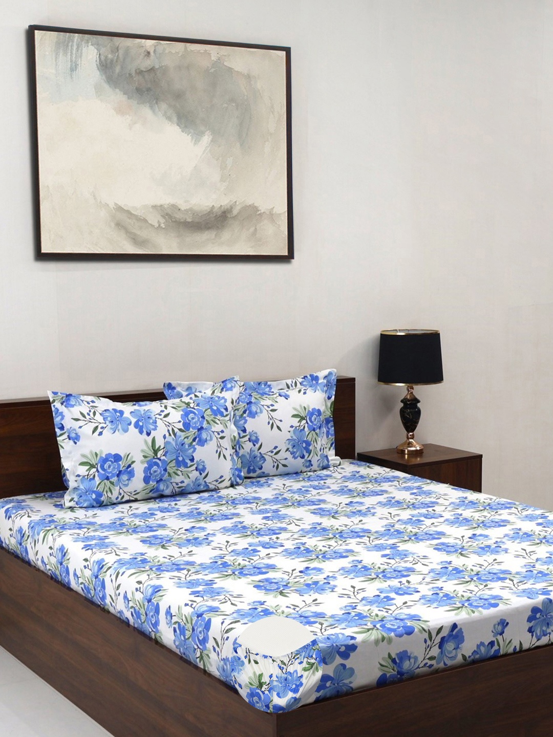 

BOMBAY DYEING Allure Blue Floral Cotton 144 TC Fitted King Bedsheet Set-1.83mX1.98mX30 cm