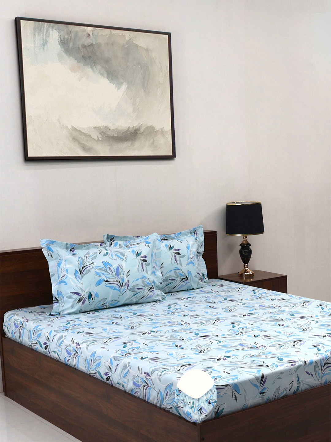 

BOMBAY DYEING Blue Floral Cotton 140 TC Fitted King Bedsheet Set-1.83 m X 1.98 m X 30 cm