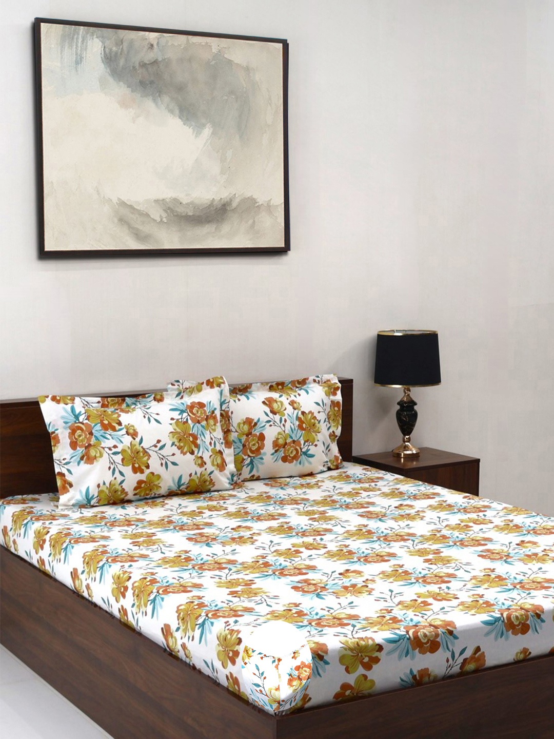 

BOMBAY DYEING Allure Brown Floral Cotton 144 TC Fitted Bedsheet Set-1.52 m X1.98mX 30cm