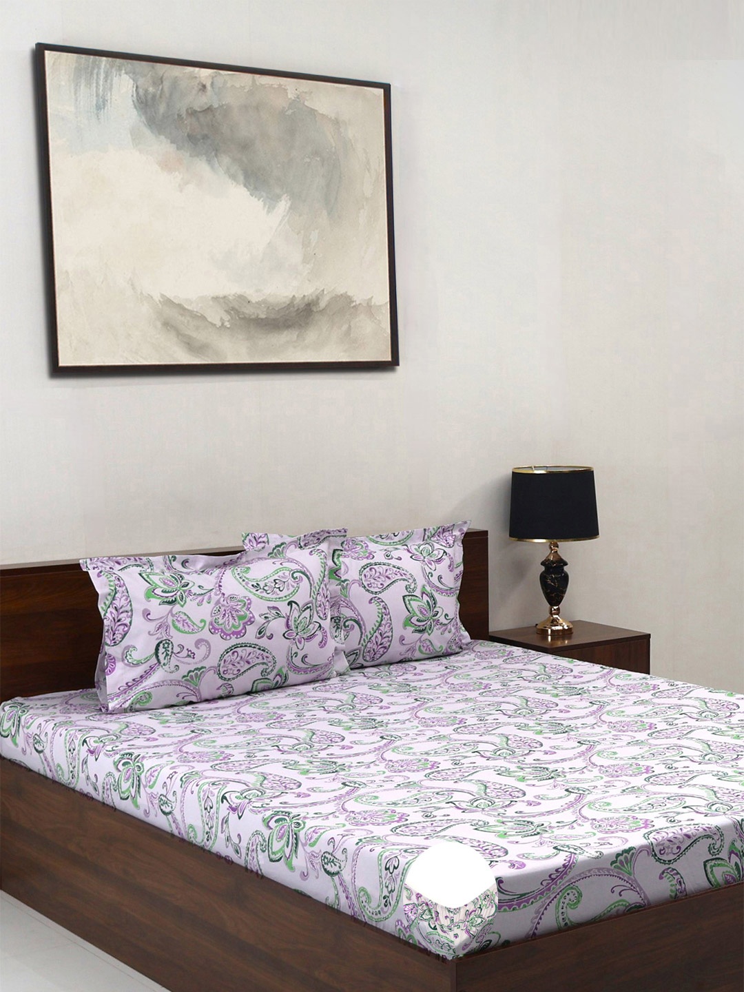 

BOMBAY DYEING Purple Floral Cotton 140 TC Fitted King Bedsheet Set-1.83 m X 1.98 m X 30 cm