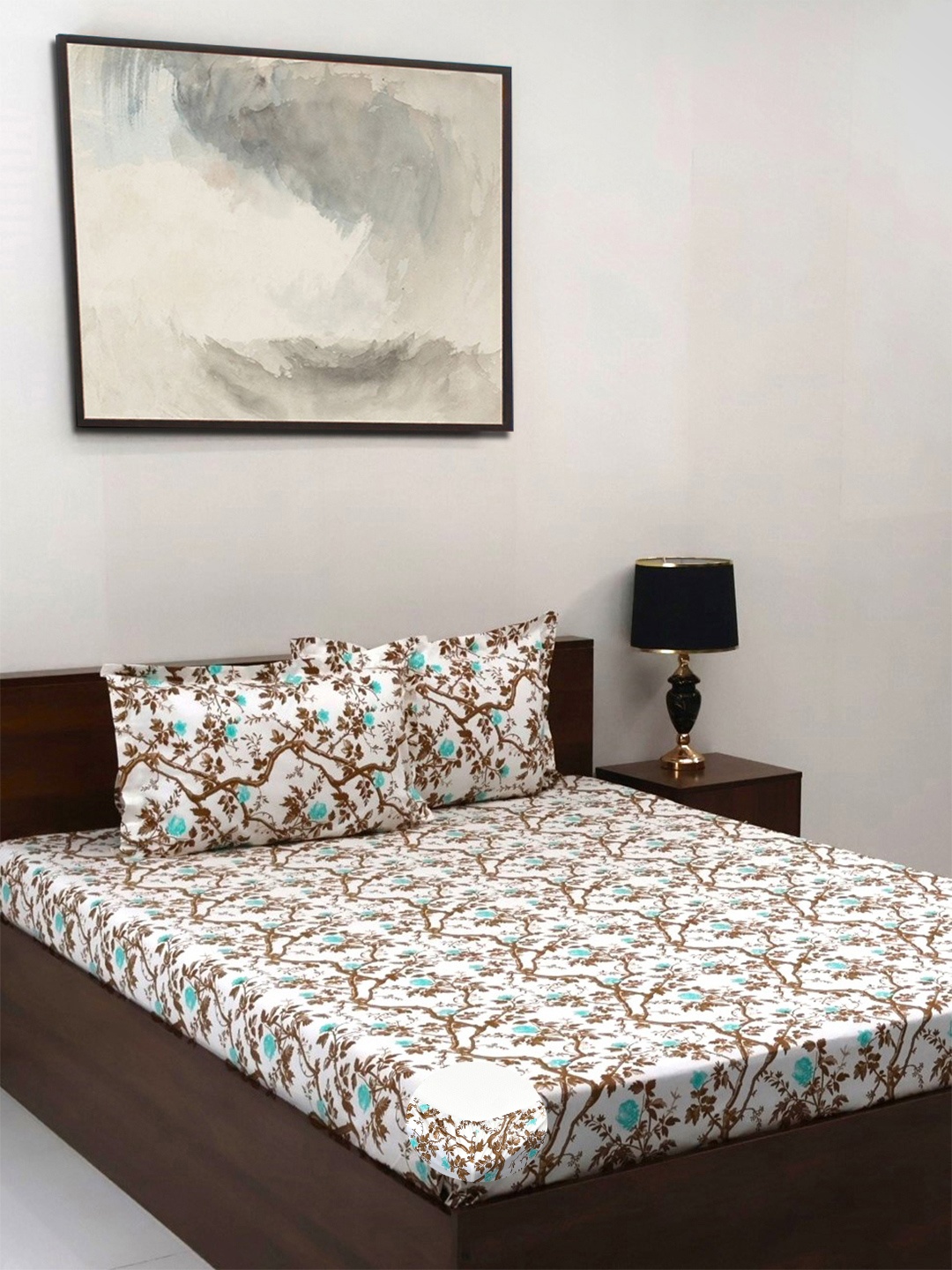 

BOMBAY DYEING Allure Brown Floral Cotton 144 TC Fitted Bedsheet Set-1.83cmX1.98cmX 30cm