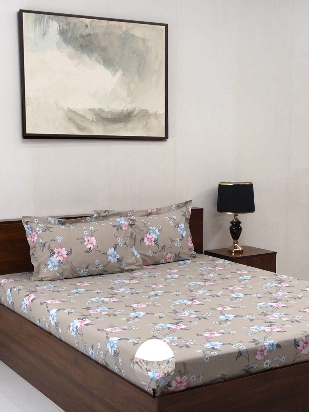 

BOMBAY DYEING Grey Floral Cotton 144 TC King Fitted Bedsheet Set-1.83 m X 1.98 m X 30 cm