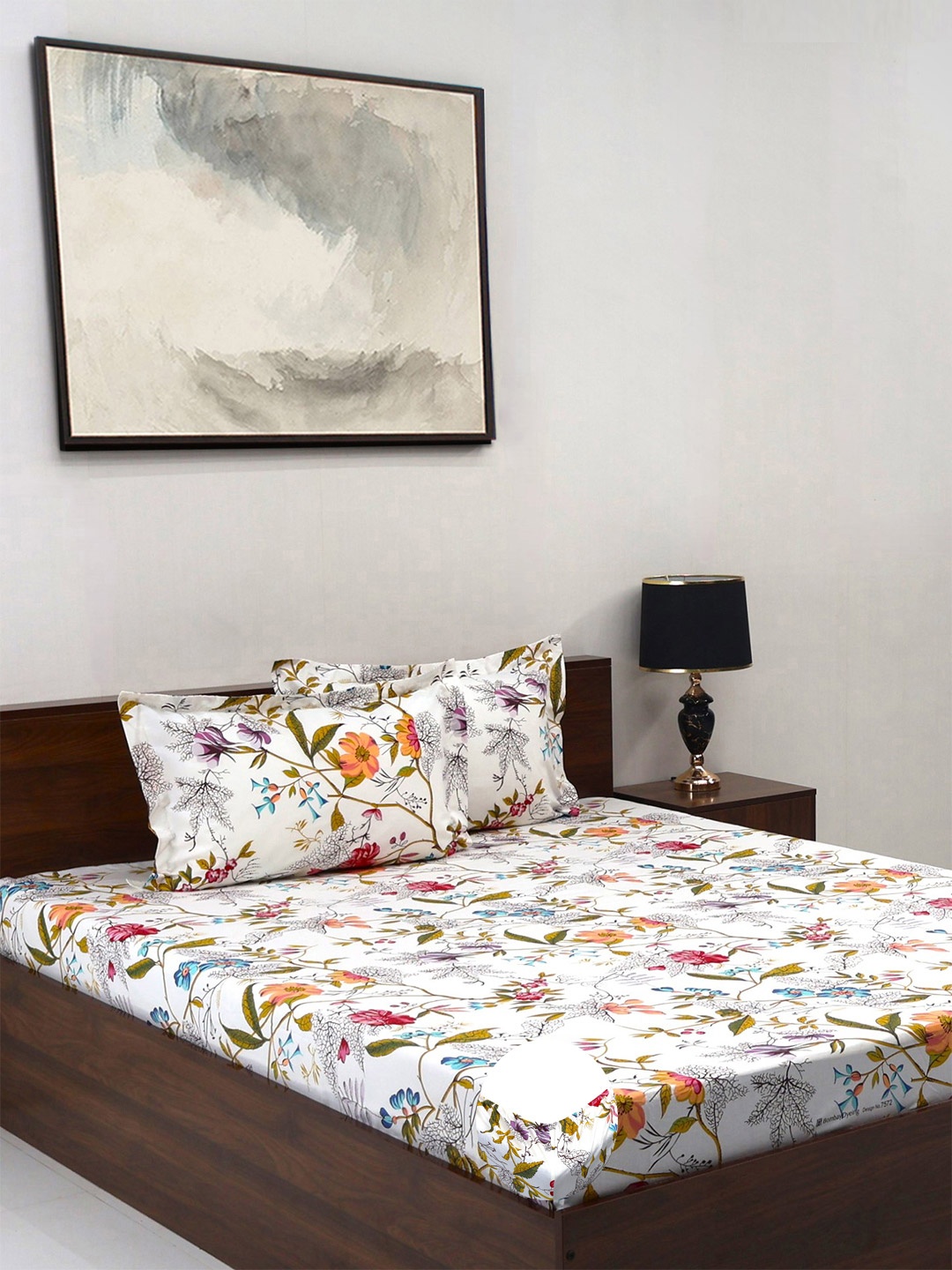 

BOMBAY DYEING Brown Floral Cotton 140 TC Queen Fitted Bedsheet Set-1.52 m X 1.98 m X 30 cm