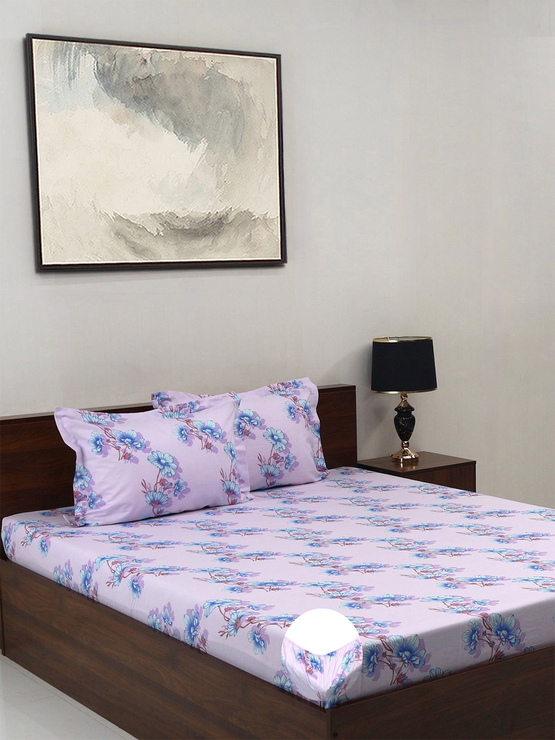 

BOMBAY DYEING Blue Floral Cotton 140 TC Fitted King Bedsheet Set-1.83 m X 1.98 m X 30 cm