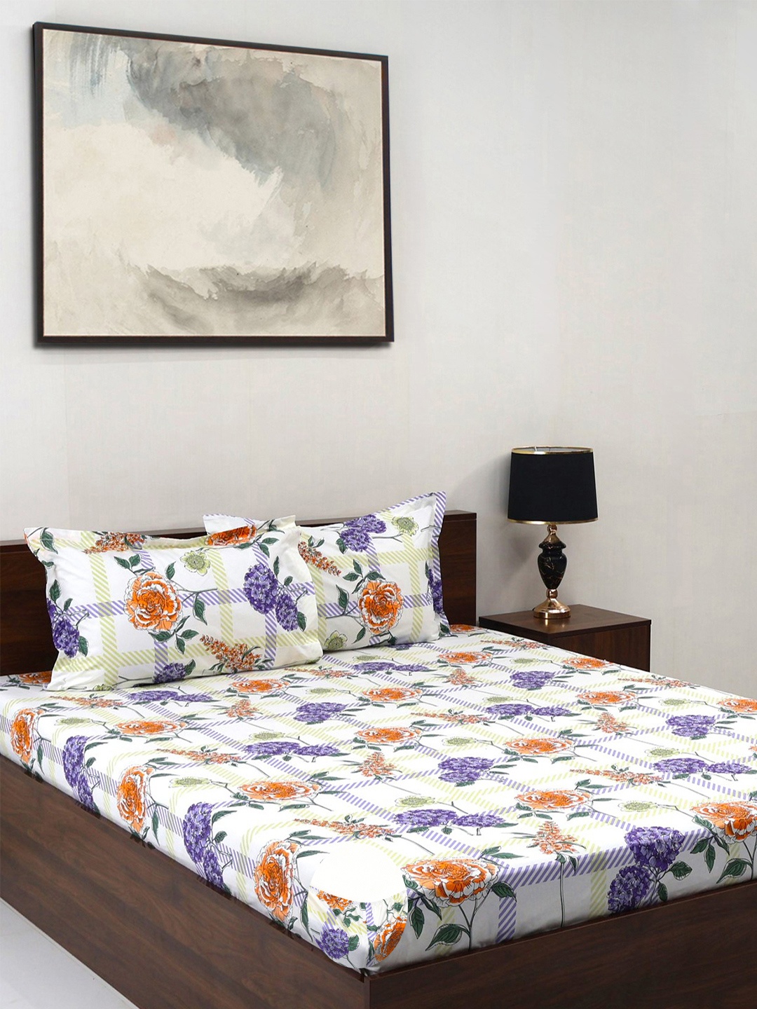 

BOMBAY DYEING Allure Purple Floral Cotton 144TC Fitted Bedsheet Set-1.52m X 1.98m X30cm