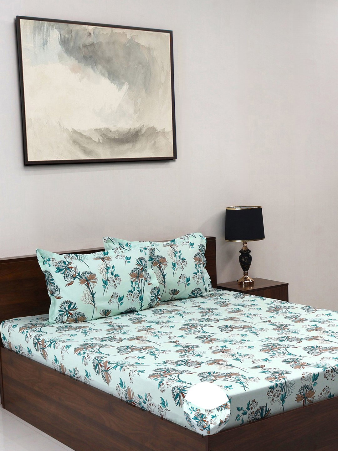 

BOMBAY DYEING Green Floral Cotton 140 TC Queen Fitted Bedsheet Set-1.52 m X 1.98 m X 30 cm