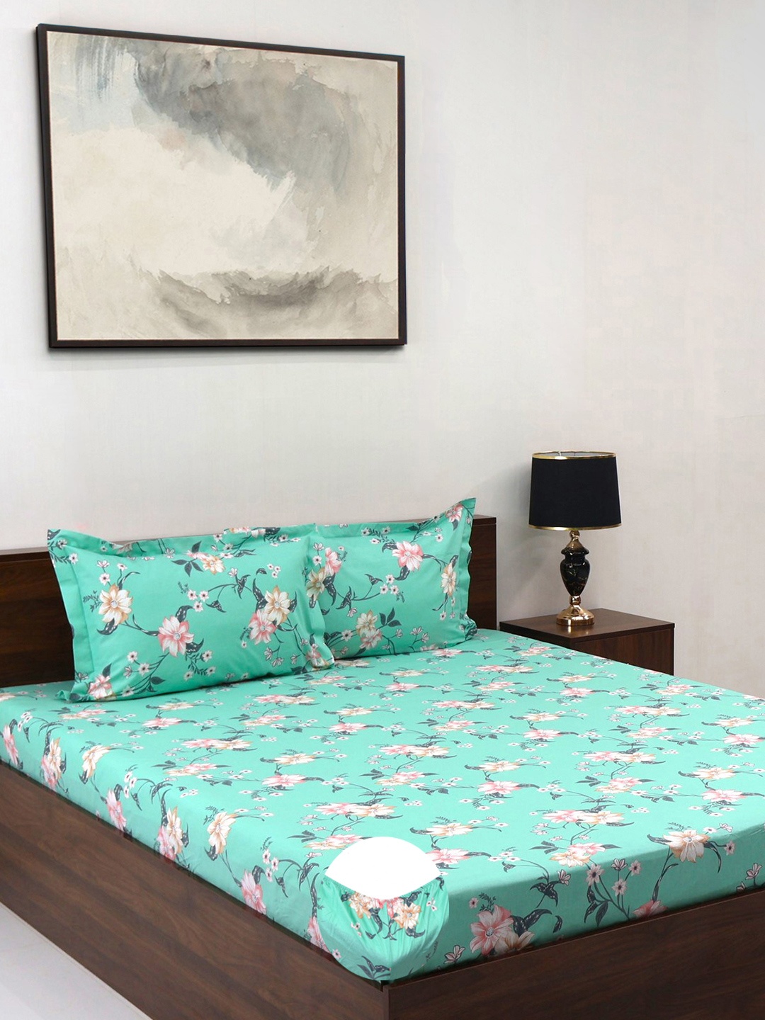 

BOMBAY DYEING Allure Sea Green Floral Cotton 144TC Fitted Bedsheet Set-1.52mX1.98mX 30 cm