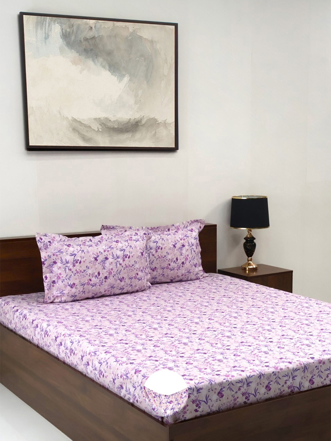 

BOMBAY DYEING Allure Purple Floral Cotton 144 TC Fitted Bedsheet Set-1.83mX1.98mX30 cm