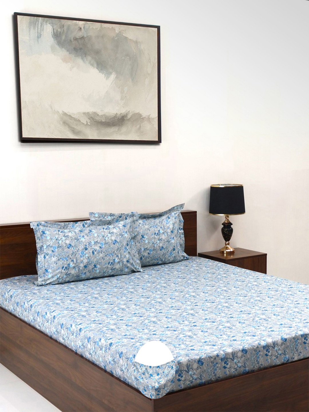 

BOMBAY DYEING Allure Turquoise Blue Floral Cotton 144TC Bedsheet Set-1.52m X1.98 m X 30 cm