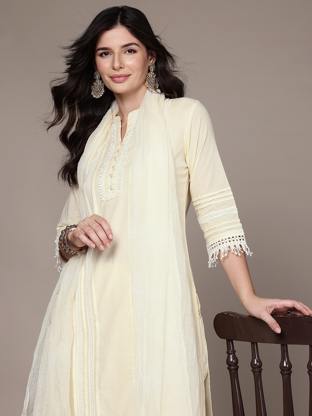 

Readiprint Lace Insert Detail Pure Cotton Kurta with Palazzos & With Dupatta, Cream