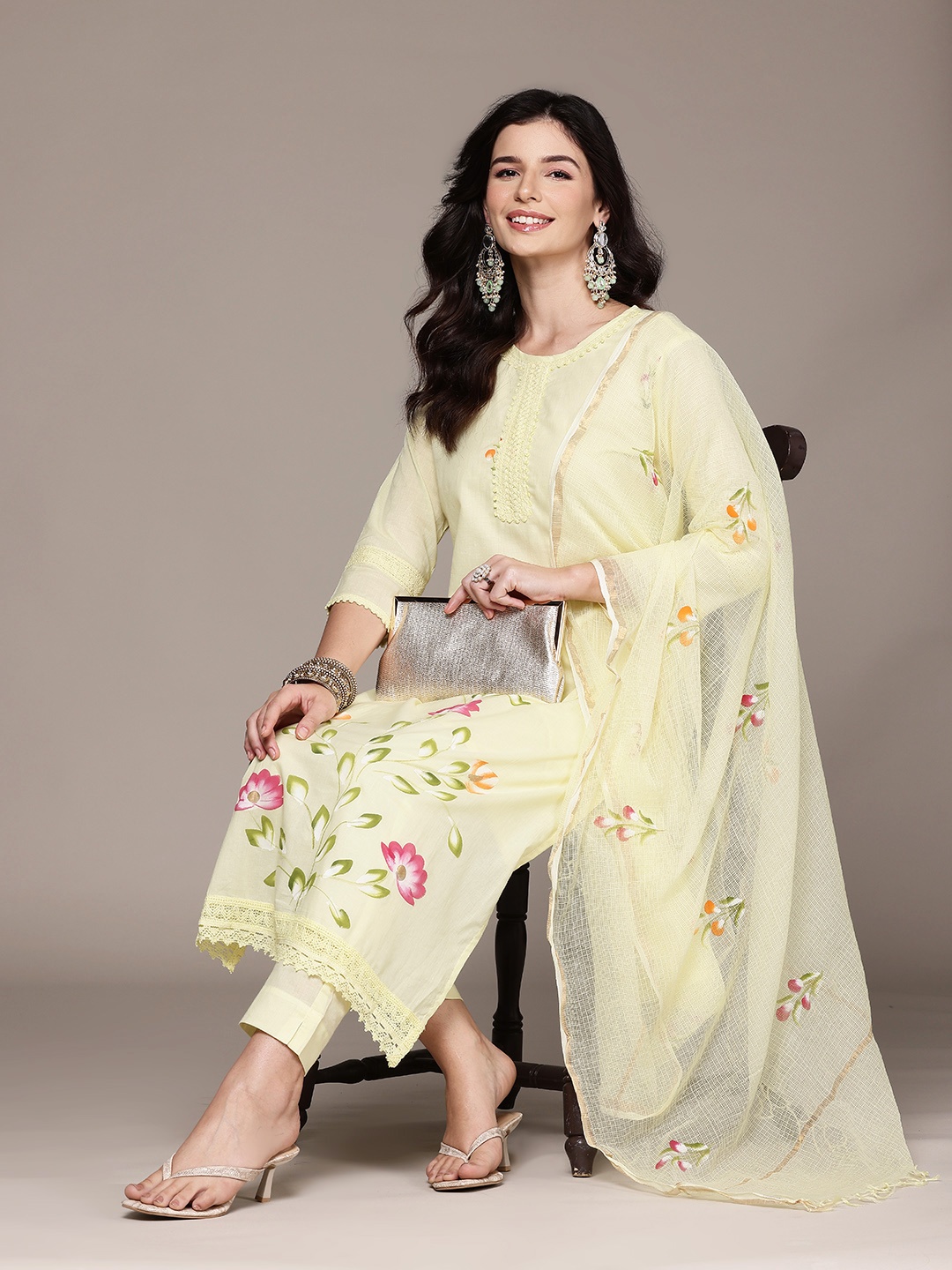 

Readiprint Floral Printed Pure Cotton Kurta with Palazzos & With Dupatta, Yellow