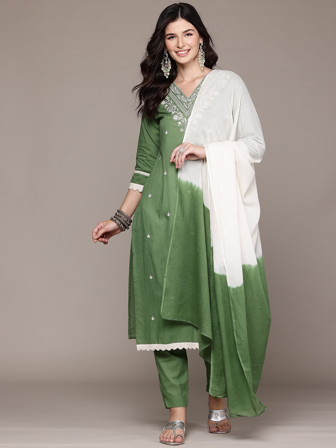 Readiprint Floral Embroidered Pure Cotton Kurta with Palazzos & Dupatta, Green