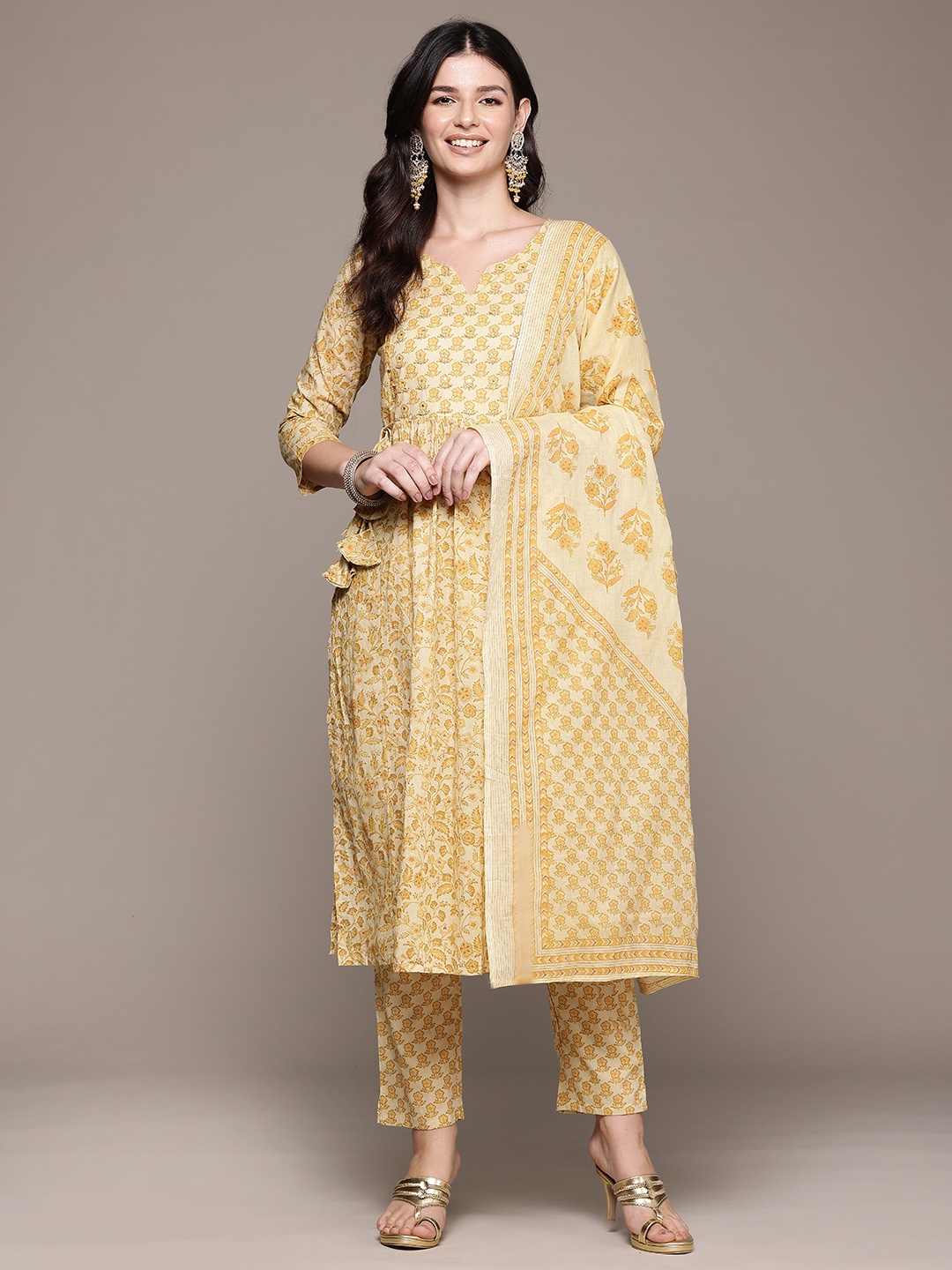 

Readiprint Floral Printed Pleated Sequinned Pure Cotton Kurta Set, Beige