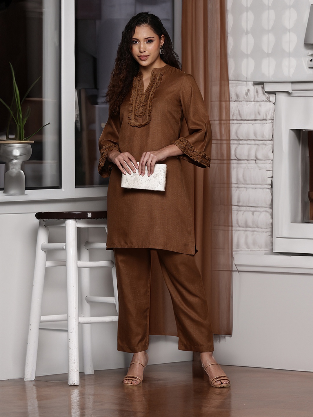 

Varanga Fringed Detailed Pure Cotton Co- Ord Set, Camel brown