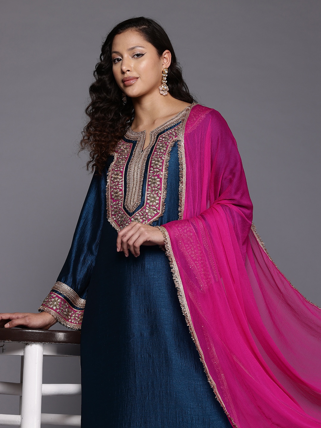 

Varanga Embroidered Gotta Patti Kurta With Trousers &Dupatta, Blue