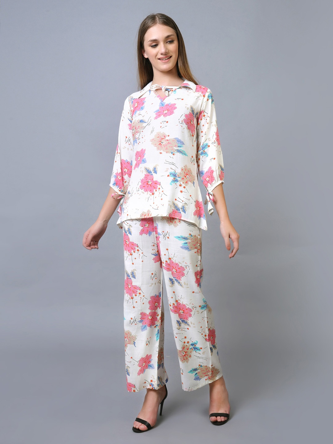 

Xivir Women Printed Shirt Collar Tunic And Trousers Co-Ords Set, Pink