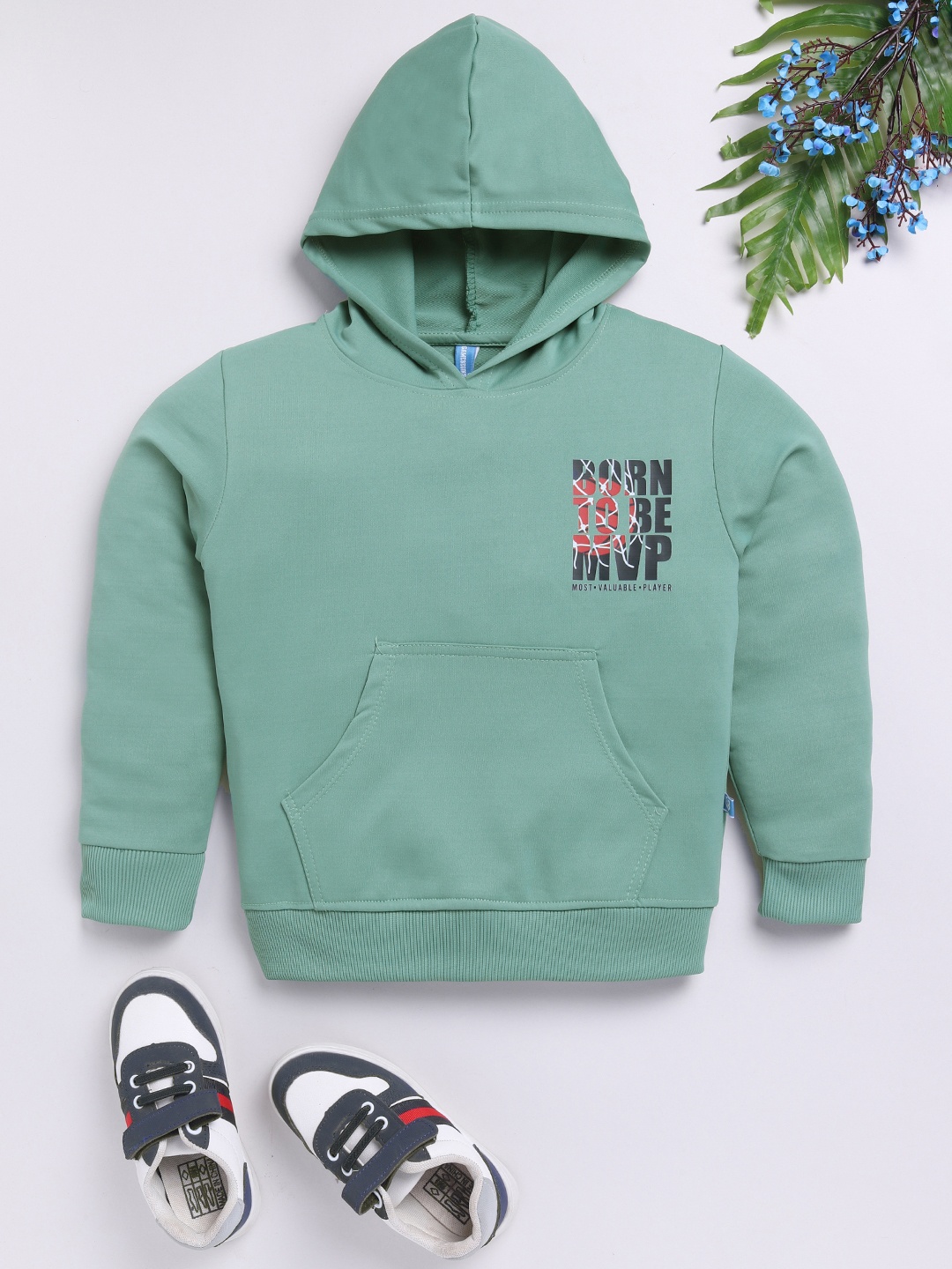 

Here&Now X Game Begins Boys Typography Printed Pure Cotton Hooded Sweatshirt, Green