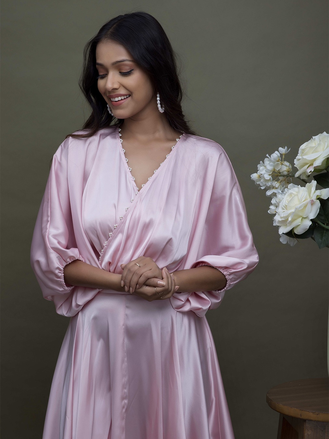 

NIRMOK Women V-Neck Flared Sleeve Fit & Flare Maxi Dress, Pink