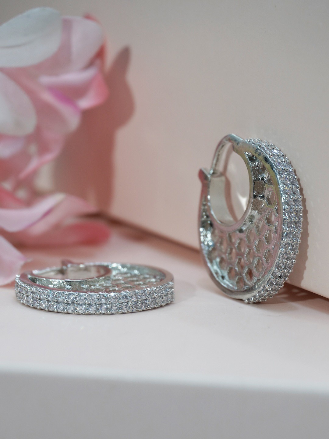 

Niscka Rhodium Plated American Diamond Studded Circular Hoop Earrings, Silver