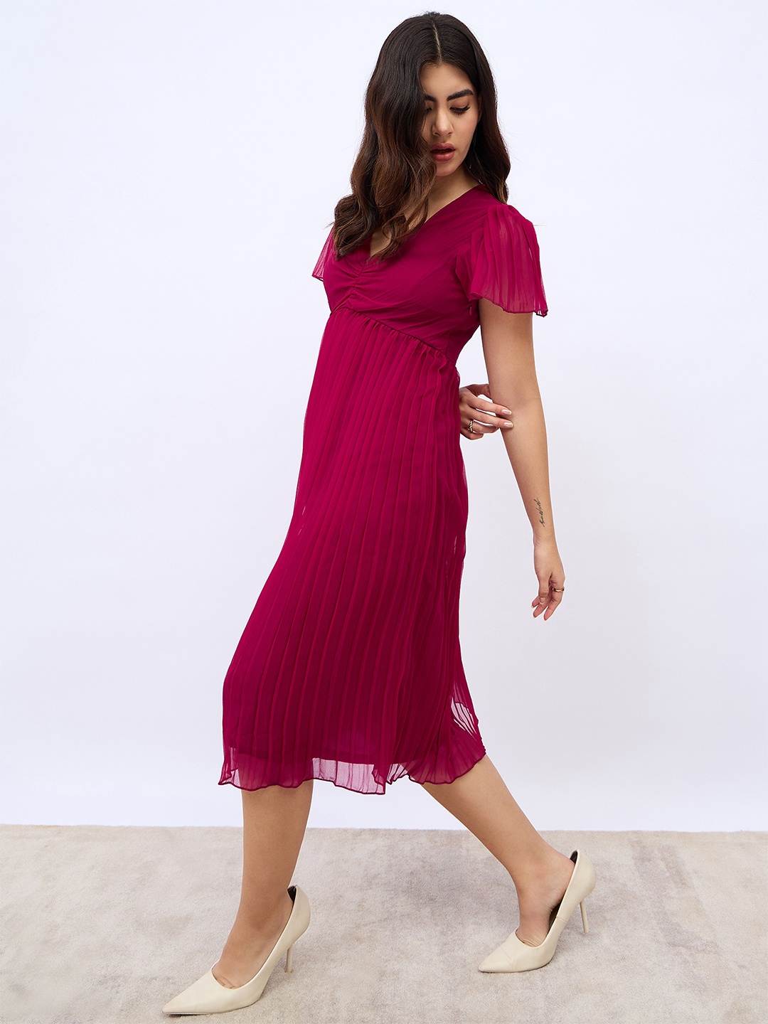 

Styli Pleated Fit & Flare Dress, Purple