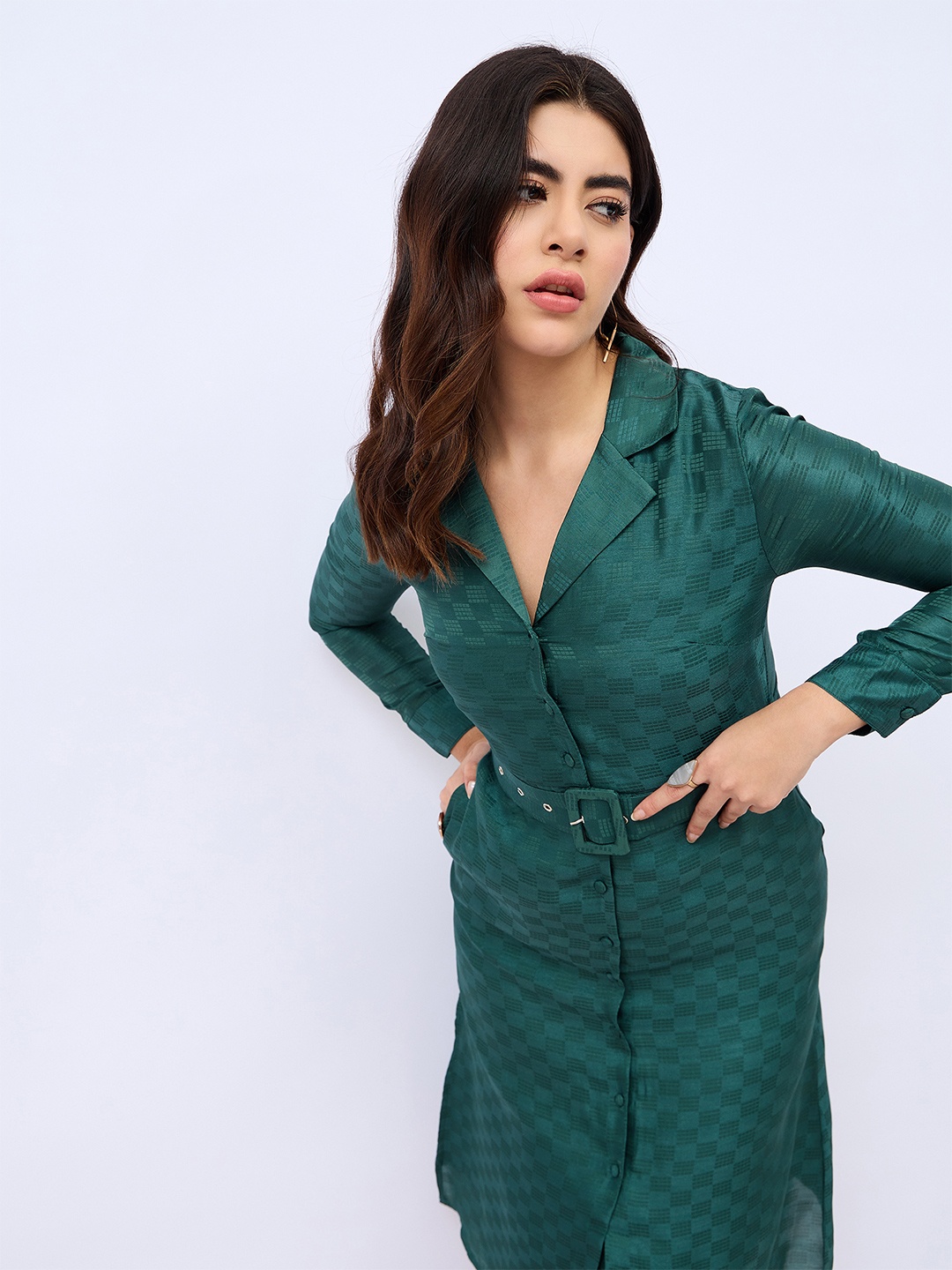 

Styli Women Self Design Shirt Midi Dress with a belt, Green
