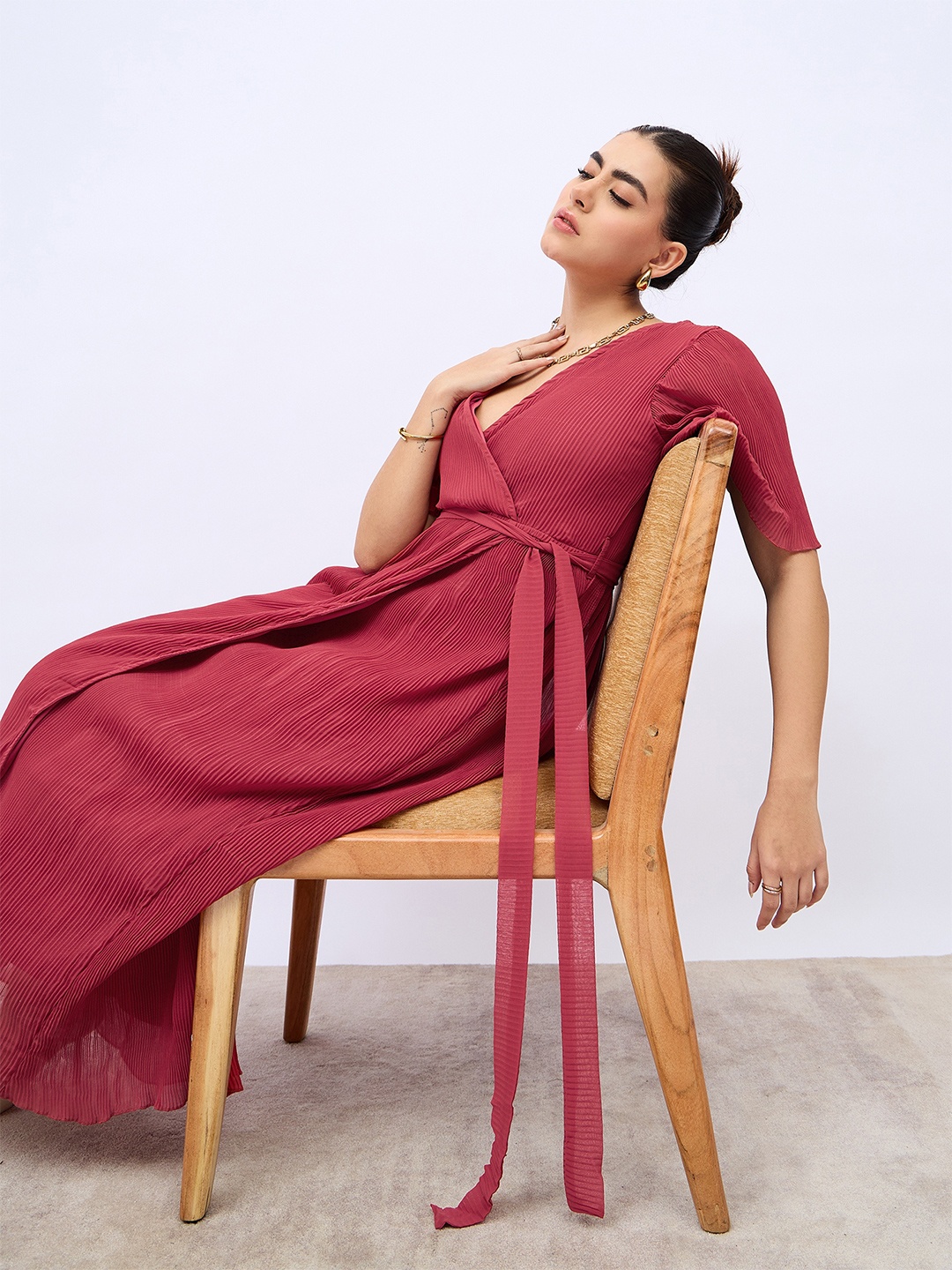 

Styli Flared Sleeve Pleated Maxi Dress, Rust