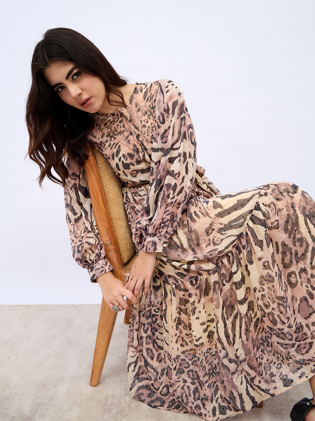 

Styli Women Animal Printed Puff Sleeve A-Line Maxi Dress, Brown