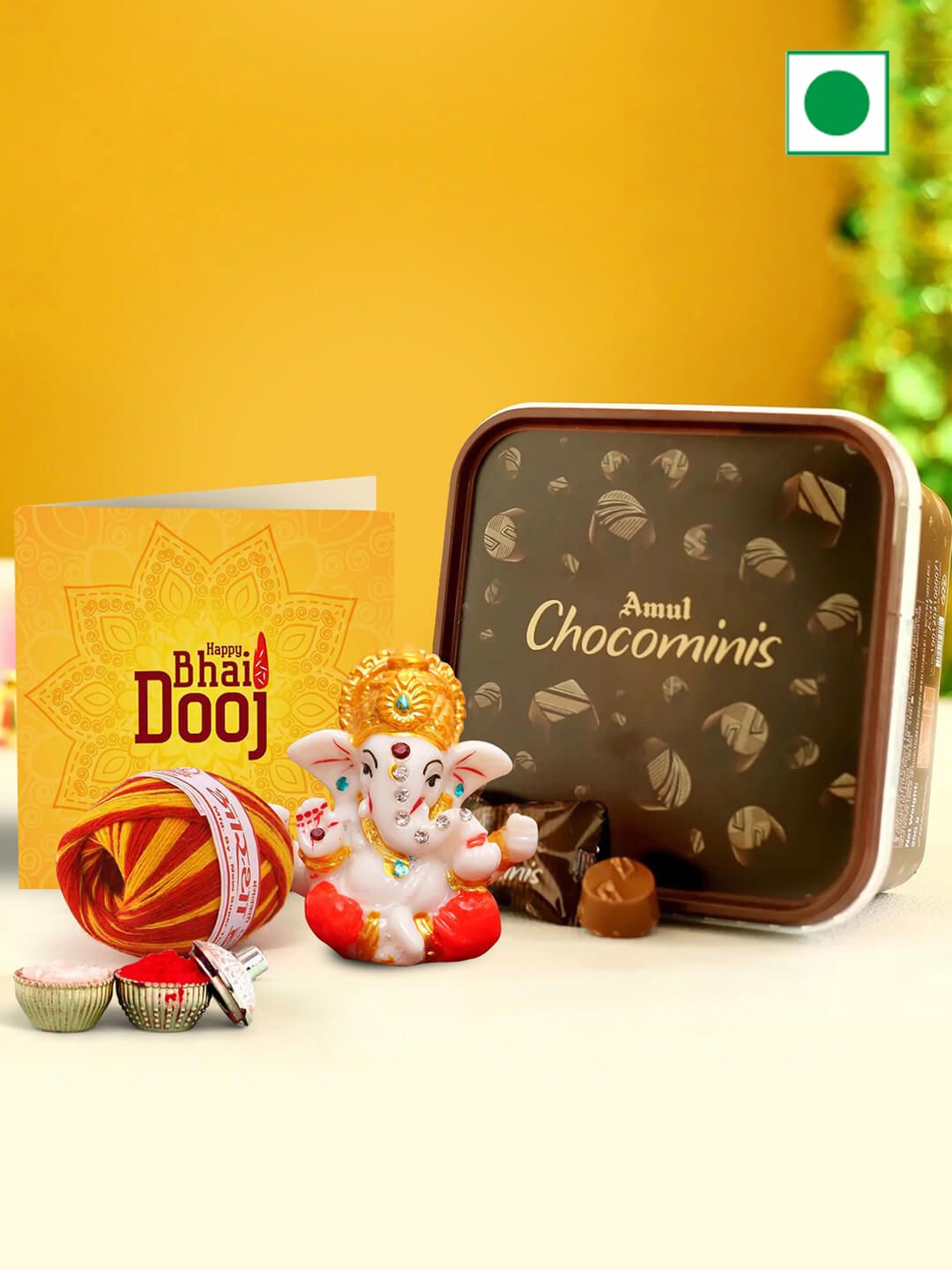 

TIED RIBBONS Set of 2 Ganesh Idol with Chocolates & Card with Kalawa & Roli Chawal, Brown