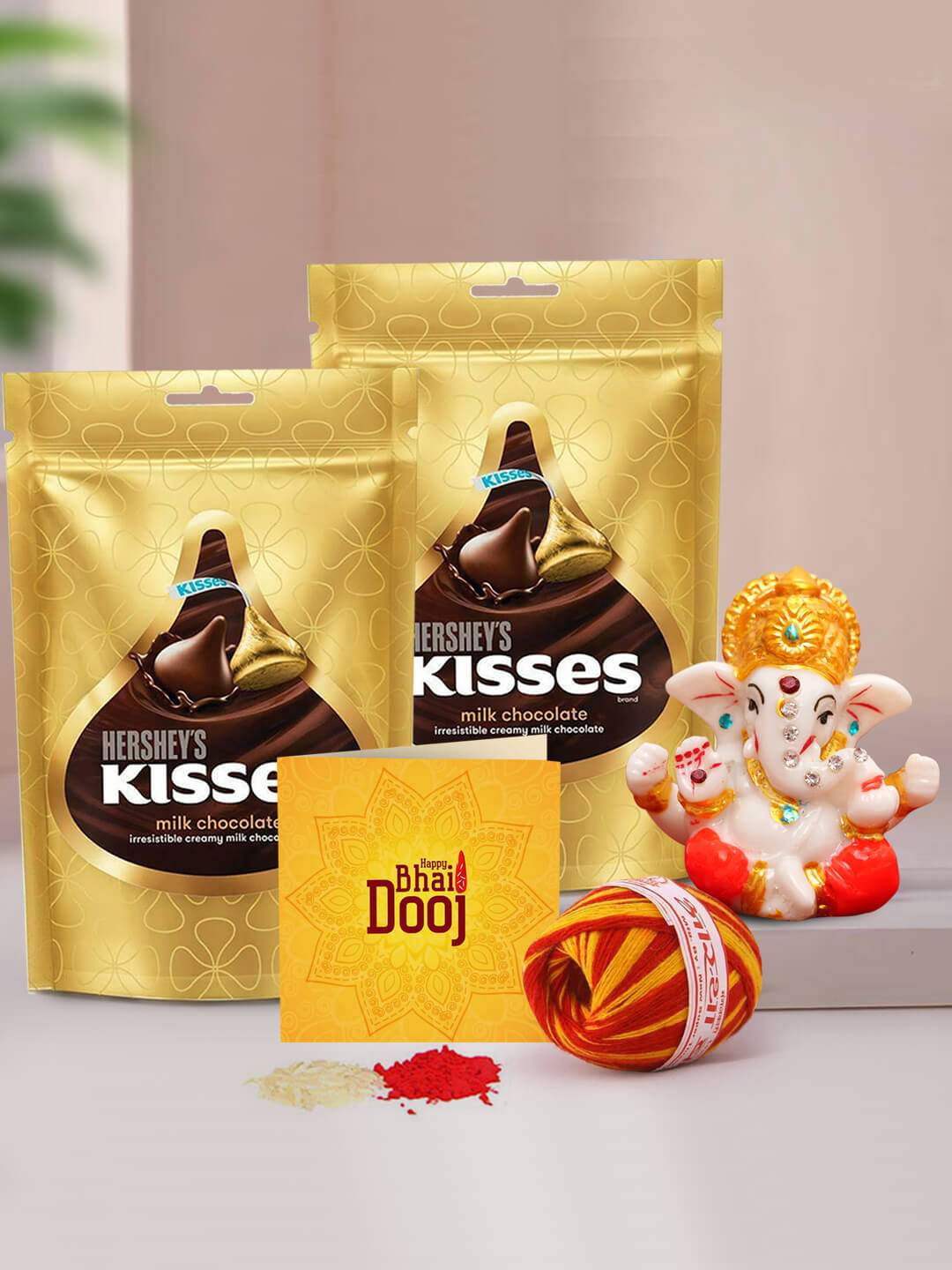 

TIED RIBBONS Set Of 3 Lord Ganesha Idol with Chocolate & Card with Kalawa & Roli Chawal, Brown