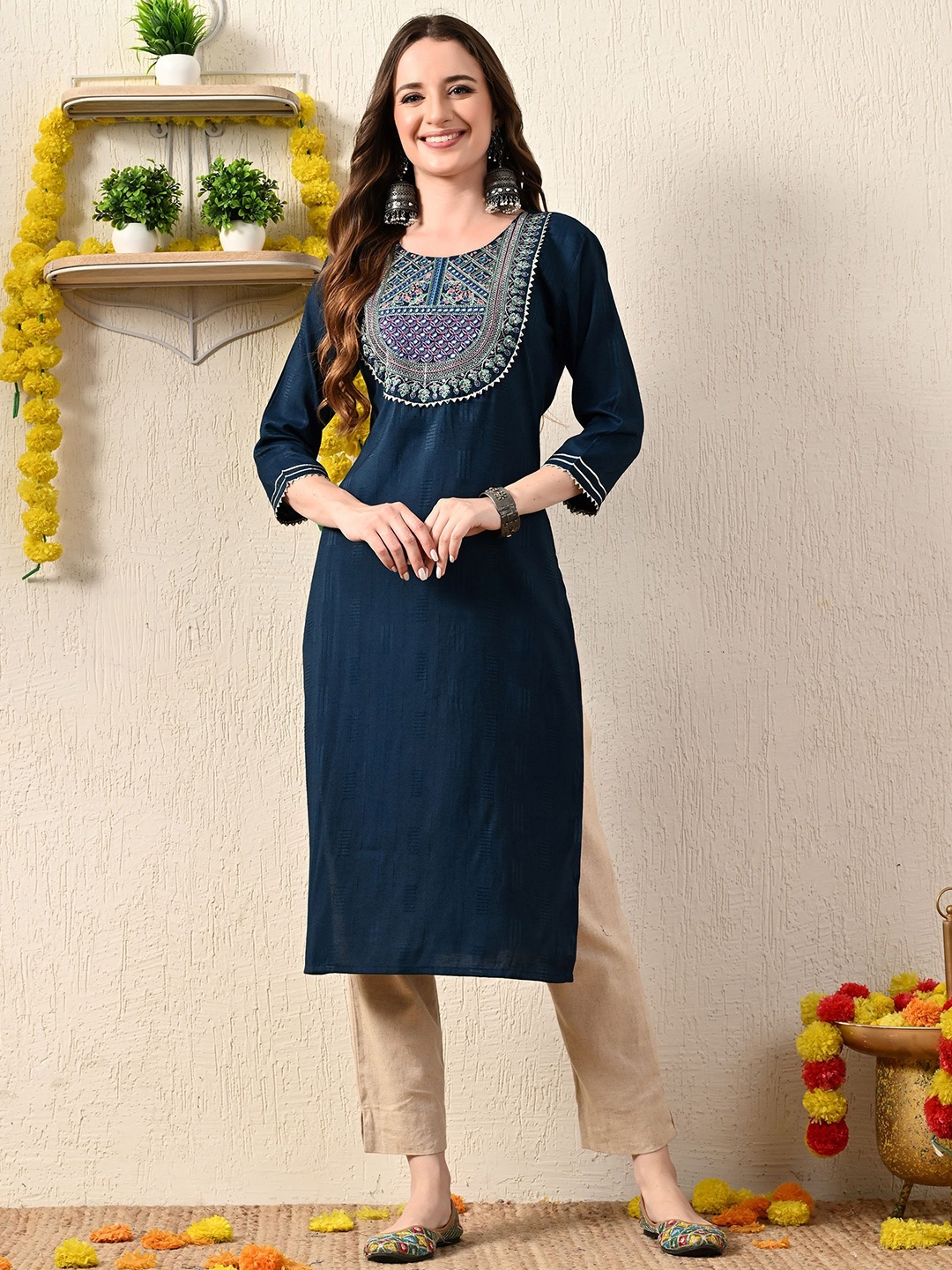 KEOSA Mirror Work Embroidered Round Neck Straight Kurta, Teal
