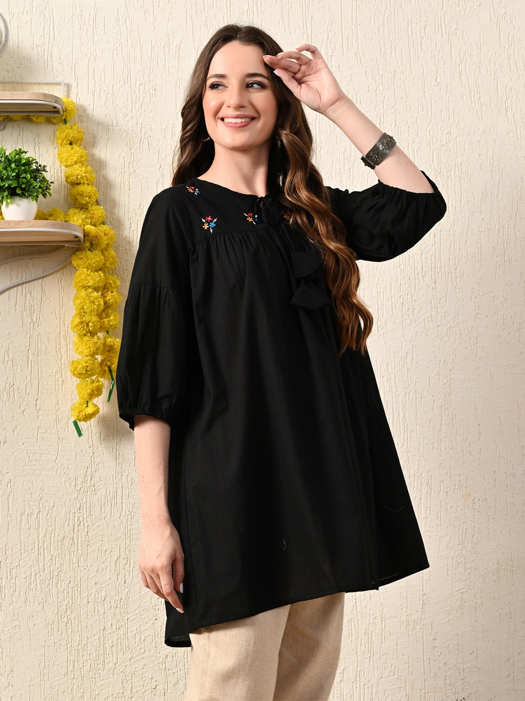 

KEOSA Women Embroidered Cotton Peplum Top, Black