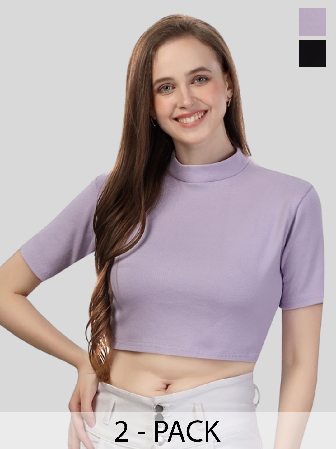 

Fabme Pack of 2 High Neck Cotton Crop Top, Lavender