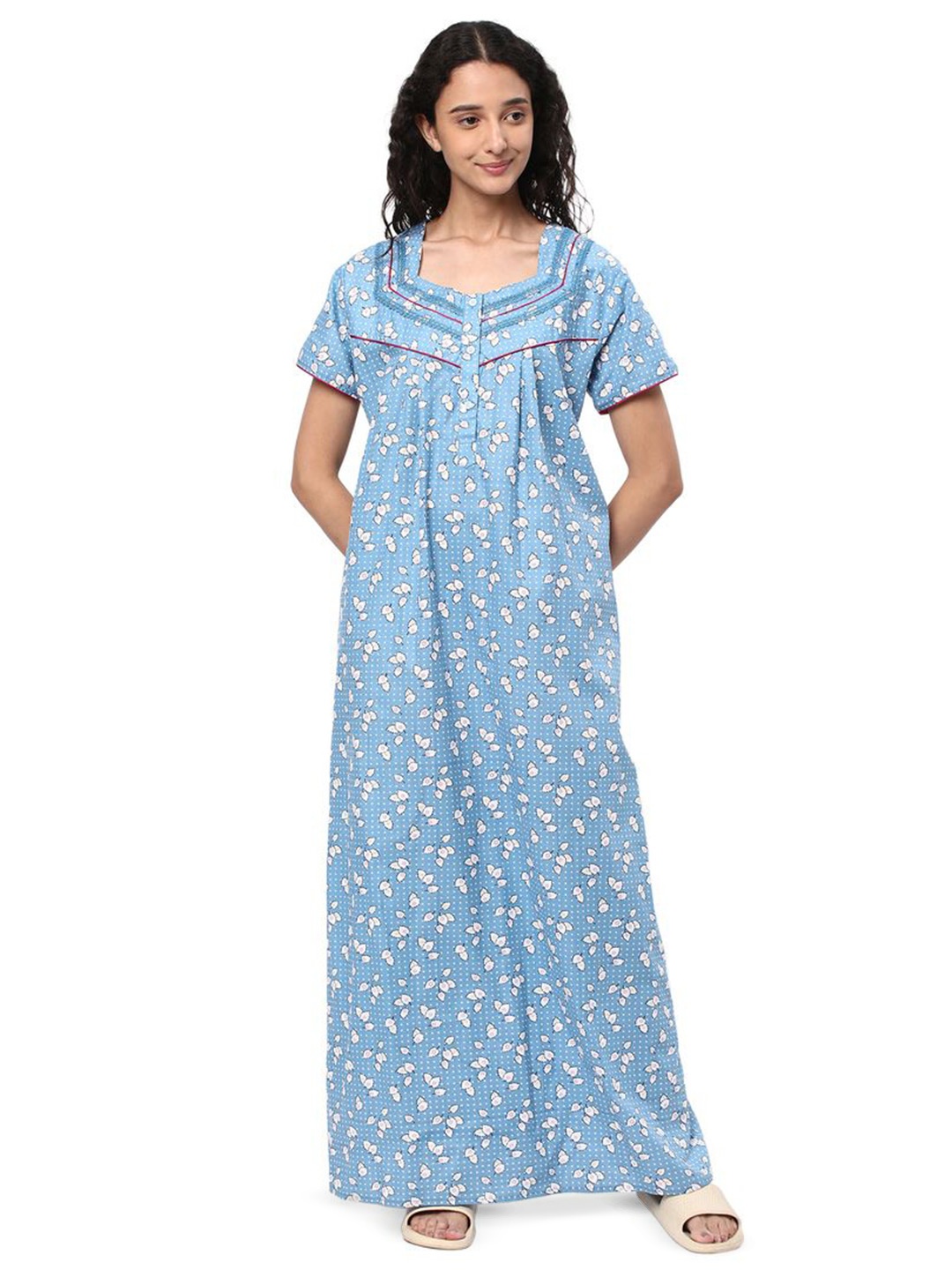 

KOVIRA Women Printed Pure Cotton Maxi Everyday Nightdress, Blue