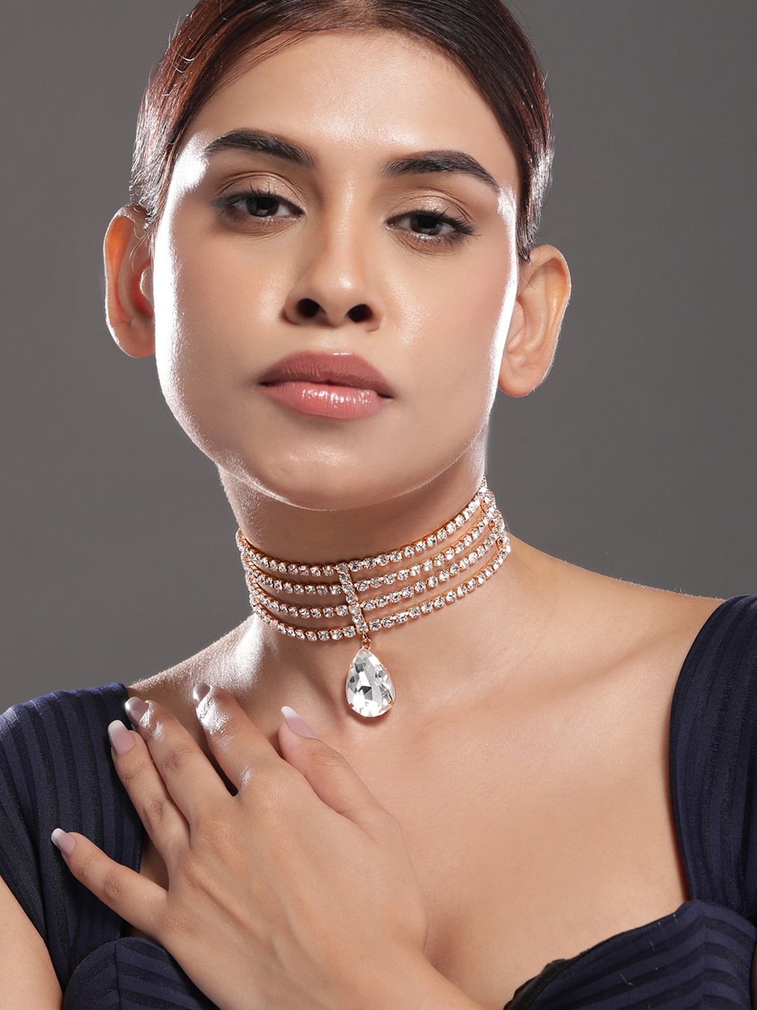 

Rubans 18K Gold-Plated Multilayer Cubic Zirconia Studded with AD Drop Glamorous Choker