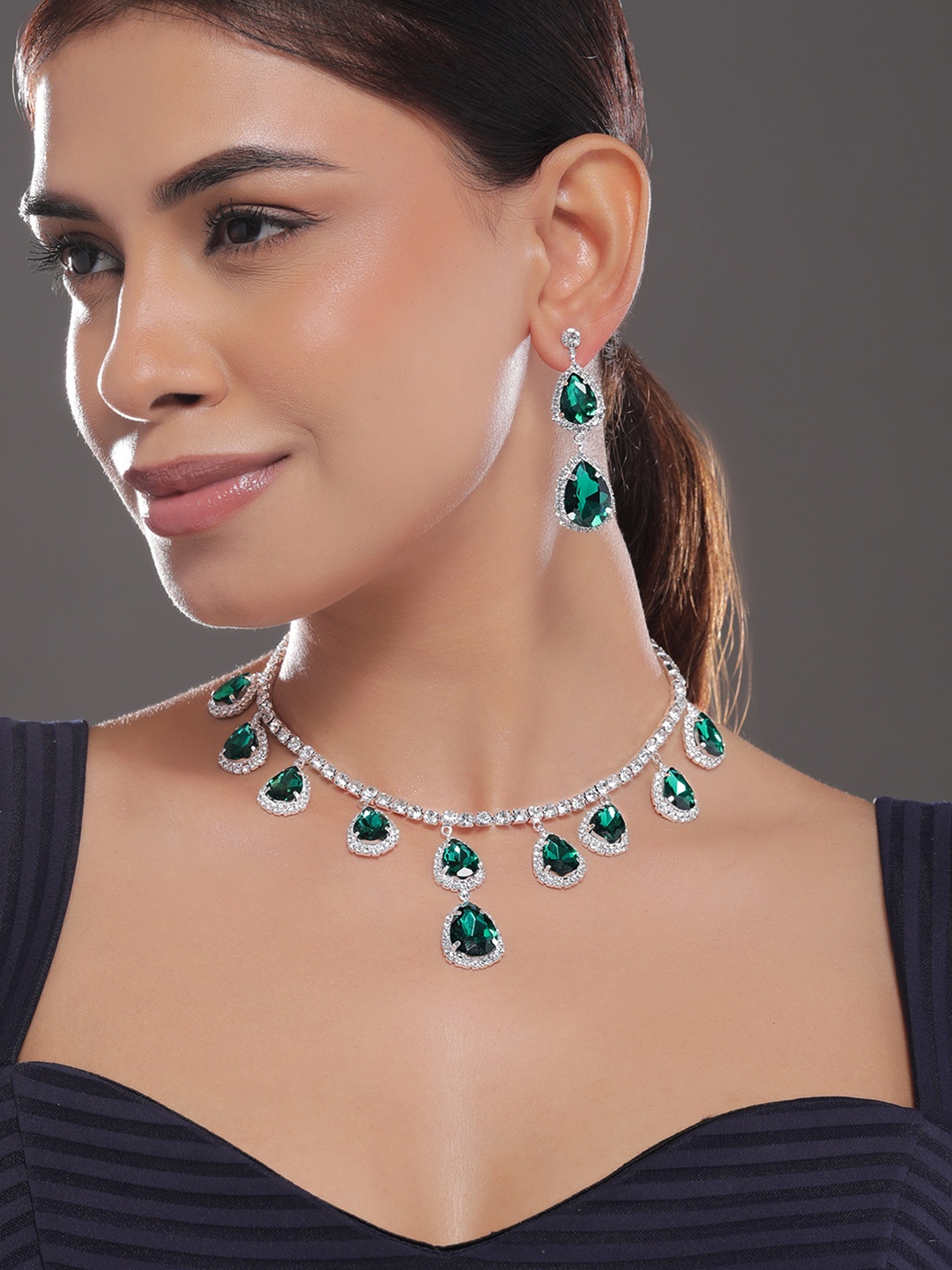 

Rubans Rhodium Plated Emerald & Cubic Zirconia Studed Statement Necklace Set, Silver