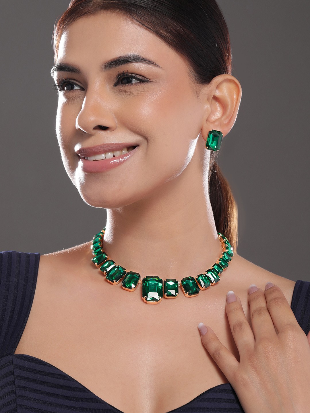 

Rubans 18K Gold-Plated Crystal Emerald Green Studded Statement Necklace Set