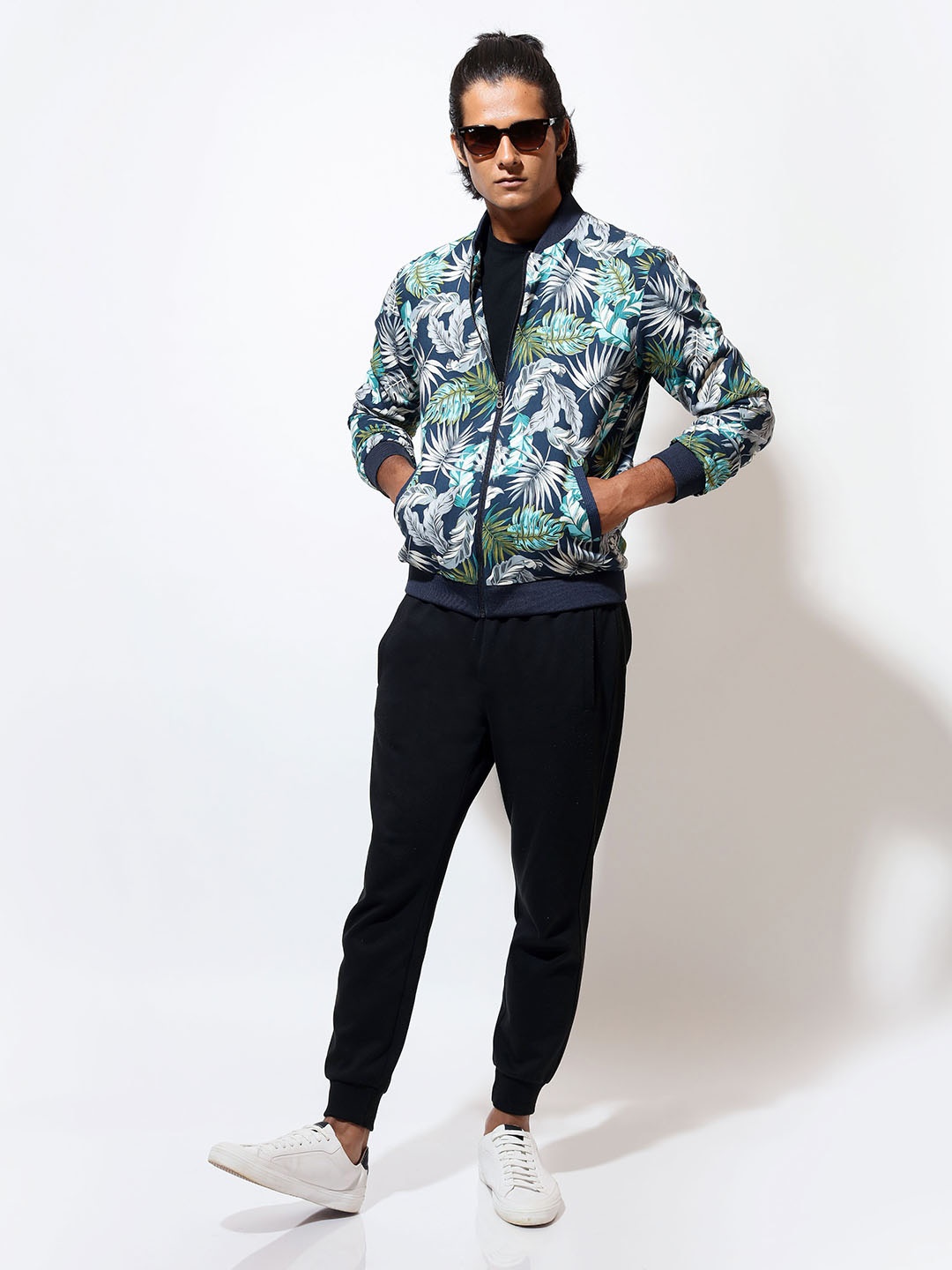 

VIVEK KARUNAKARAN Men Stand Collar Floral Printed Cotton Casual Bomber Jacket, Blue