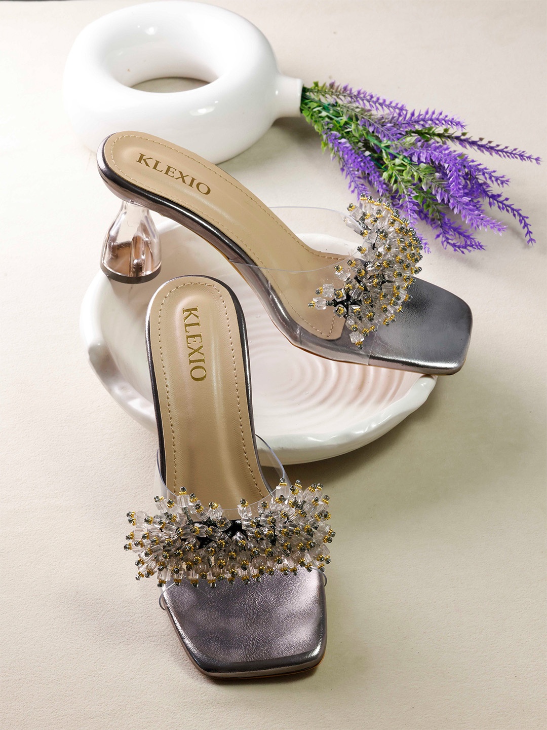 

KLEXIO Embellished Party Slim Heeled Sandals, Grey