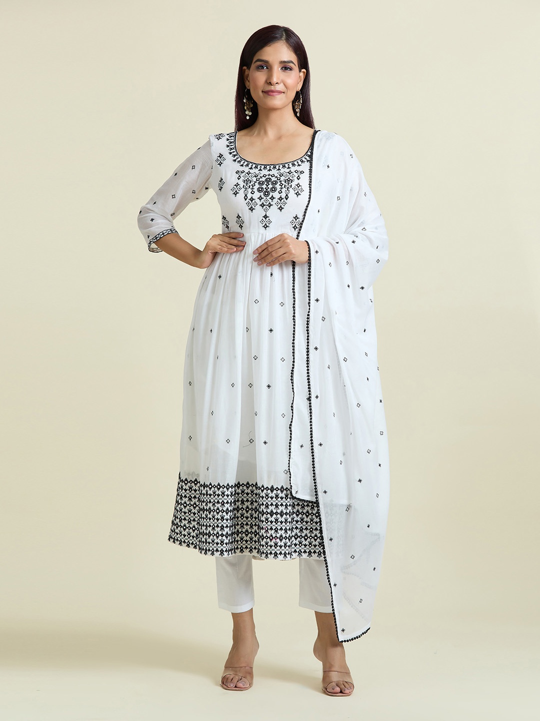 

Adara Khan Floral Embroidered Round Neck Georgette Anarkali Kurta with Trousers & Dupatta, White