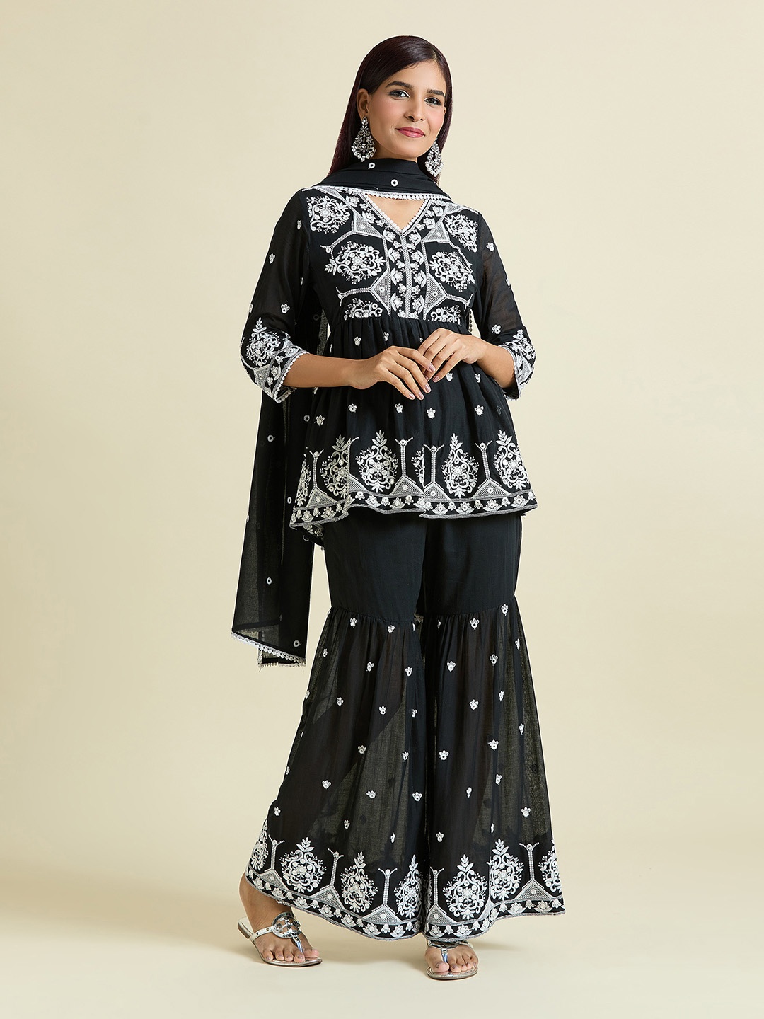 

Samyukta Singhania Floral Embroidered Thread Work Pure Cotton A-Line Kurti with Sharara & Dupatta, Black