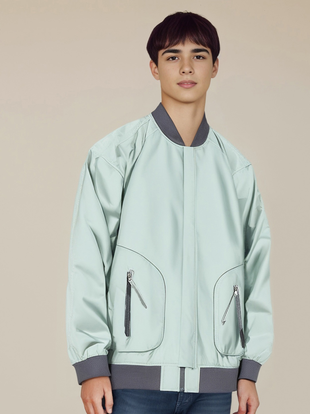 StyleCast x Revolte Men Stand Collar Solid Casual Bomber Jacket, Blue